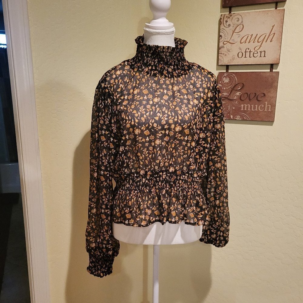 Mira Shirred Blouse MINKPINK sheer Black/Brown high collared Blouse Sz: L NWT - Picture 5 of 11